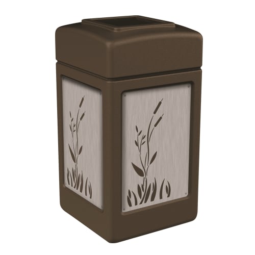 Commercial Zone® 42 Gallon Open Top Brown Waste Receptacle Cattails Stainless Steel Design